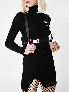 Black Ribbed High Collar Long Sleeve Mini Dress