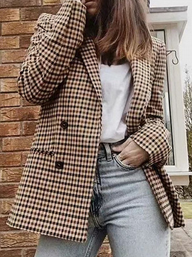 Yellow Plaid Double-breasted Button Placket Long Sleeve Blazer
