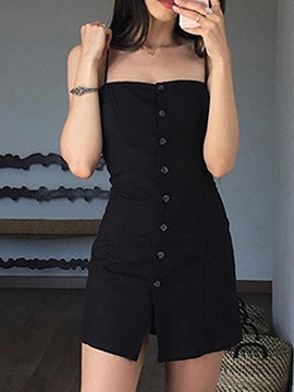 Black Button Placket Front Cami Mini Dress