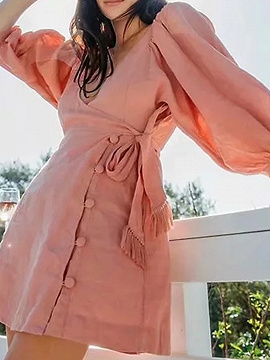 Pink Plunge Tie Waist Puff Sleeve Mini Dress