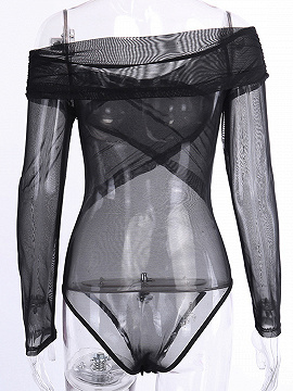 Black Off Shoulder Long Sleeve Sheer Mesh Bodysuit | Choies
