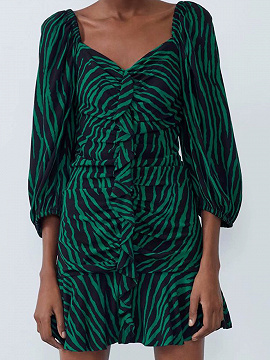 Green Stripe V-neck Puff Sleeve Mini Dress