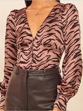 Pink V-neck Leopard Print Long Sleeve Shirt