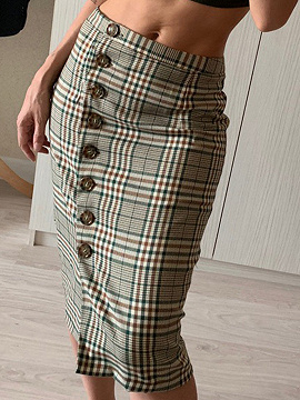 Gray Plaid High Waist Button Placket Front Skirt