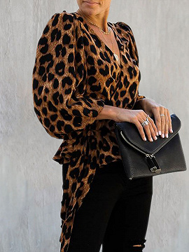 Brown V-neck Leopard Print Puff Sleeve Blouse