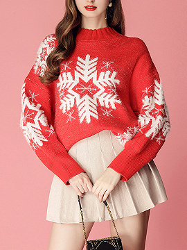 Red Snow Print Long Sleeve Sweater