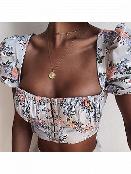 White Square Neck Floral Print Puff Sleeve Crop Top