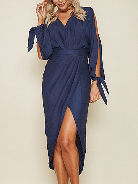 Dark Blue V-neck Long Sleeve Hi-Lo Midi Dress