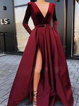 Red Plunge Long Sleeve Maxi Dress