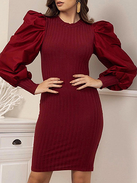 Red Ribbed Panel Puff Sleeve Mini Dress