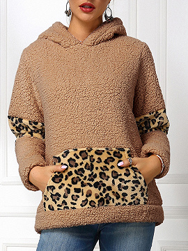 Khaki Leopard Print Panel Long Sleeve Hoodie