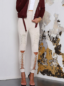 White High Waist Eyelet Lace Up Front Pants