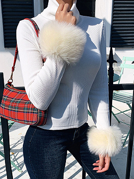 White Ribbed High Neck Fur Cuff Long Sleeve Sweater