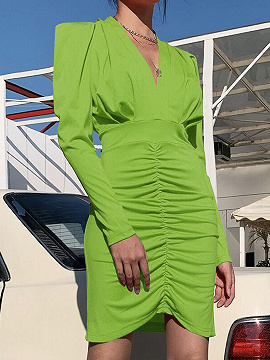 Green V-neck Long Sleeve Mini Dress
