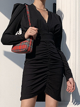 Black V-neck Long Sleeve Mini Dress