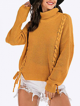 Yellow High Neck Lace Up Front Long Sleeve Sweater