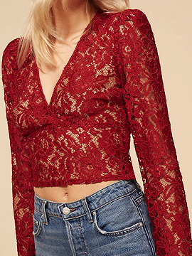 Red Plunge Long Sleeve Lace Crop Blouse