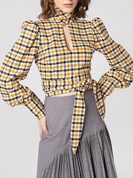 Yellow Plaid Open Back Puff Sleeve Crop Blouse