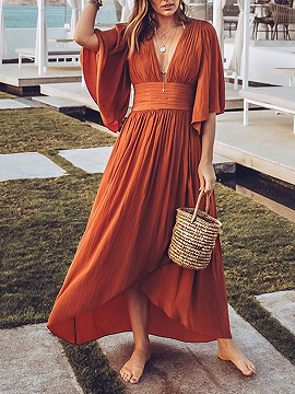 Orange Plunge Flare Sleeve Hi-Lo Maxi Dress