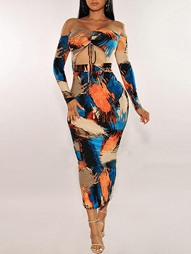 Polychrome Off Shoulder Long Sleeve Bodycon Maxi Dress