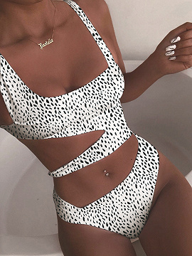 White Polka Dot Print Cut Out Detail Swimsuit