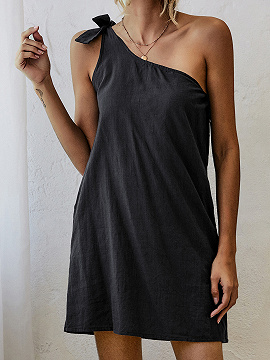 Black Asymmetric Neck Mini Dress