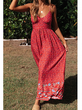 Red Plunge Floral Print Cami Maxi Dress