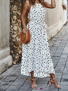 White Polka Dot Print Sleeveless Maxi Dress