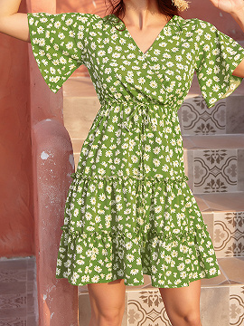 Green V-neck Polka Dot Print Mini Dress