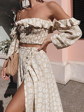 Khaki Off Shoulder Floral Print Top And Maxi Skirt