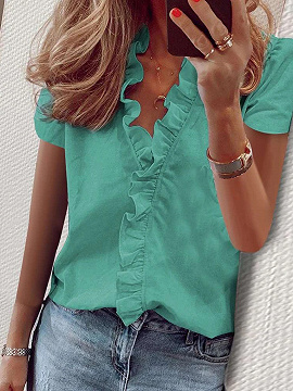 Green V-neck Ruffle Trim Blouse
