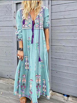 Light Blue Floral Print Long Sleeve Maxi Dress