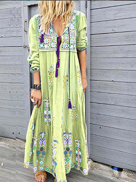 Vestido largo de manga larga con estampado floral verde