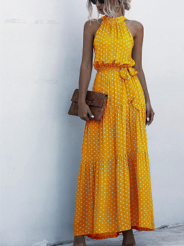 Yellow Polka Dot Print Sleeveless Maxi Dress