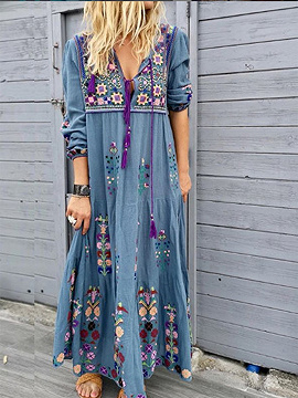 Blue Floral Print Long Sleeve Maxi Dress