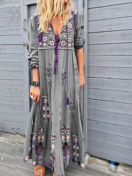 Gray Floral Print Long Sleeve Maxi Dress