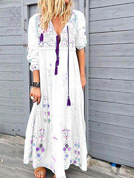 White Floral Print Long Sleeve Maxi Dress