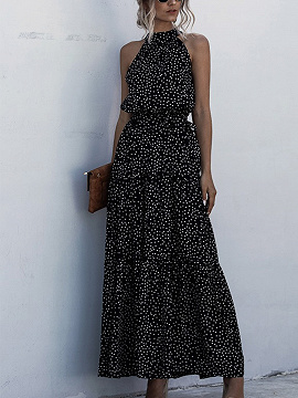 Black Polka Dot Print Sleeveless Maxi Dress