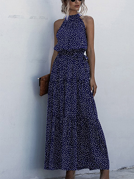 Dark Blue Polka Dot Print Sleeveless Maxi Dress