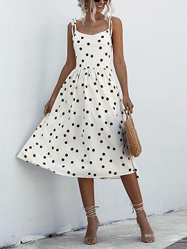White Polka Dot Print Cami Midi Dress