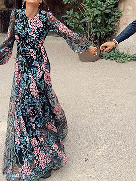 Black Floral Print Open Back Long Sleeve Maxi Dress | Choies