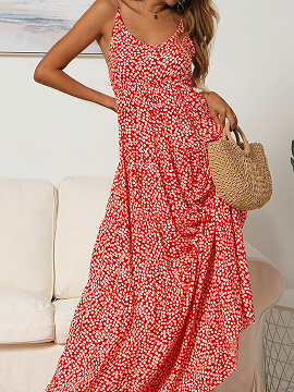 Red V-neck Floral Print Cami Maxi Dress