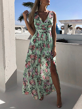 Purple V-neck Floral Print Cami Maxi Dress
