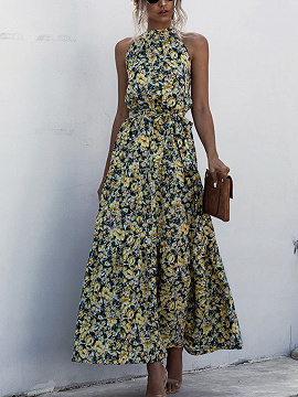 Yellow Floral Print Sleeveless Maxi Dress