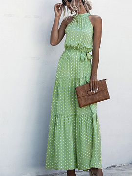 Green Polka Dot Print Sleeveless Maxi Dress