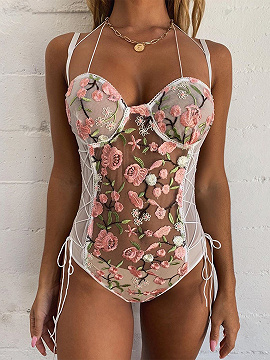 White Flower Emembroidery Lace Up Side Bodysuit