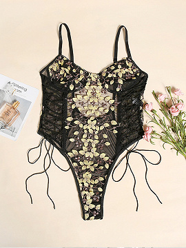 Yellow V-neck Leaf Embroidery Lace Bodysuit
