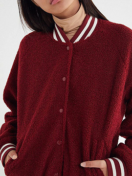 Red Button Placket Front Long Sleeve Women Bomber Jacket