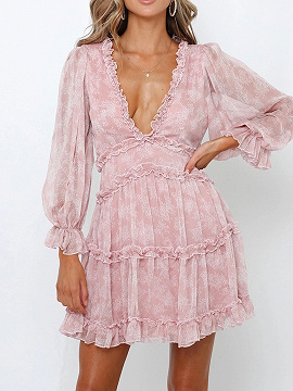 Pink V-neck Floral Print Long Sleeve Mini Dress