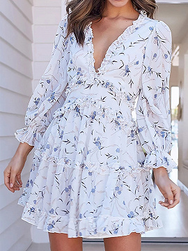 White V-neck Floral Print Long Sleeve Mini Dress